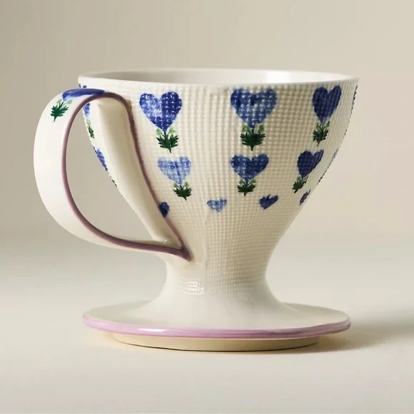 NWT Anthropologie Slow Drip Coffee Pour Over Mug Floral Heart Stoneware - Picture 1 of 7